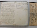 an open book with a drawing of a group of people on it