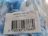 a blue stuffed animal in a plastic bag with a barcode on it