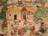 an image of a painting of people and animals in a village