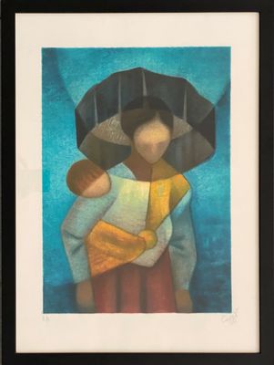 tableau représentant une femme tenant un enfant sous un parapluie