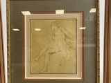 framed drawing of a woman sitting on a chair in a room