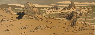 a picture of a painting of a man on the beach