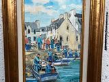 une peinture représentant un groupe de personnes sur un bateau dans l'eau