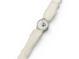 an image of a white watch with a cat face on it ' s face