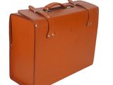 brown leather suitcase on a white background with clippings for the handle