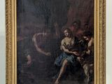 un vieux tableau représentant un homme et une femme accompagnés d'un chien