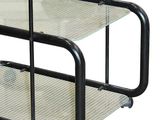 a glass shelf with a metal frame on it