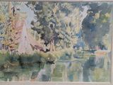 a watercolor painting of a boat on the water