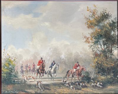 un tableau représentant un groupe d'hommes à cheval accompagnés de chiens