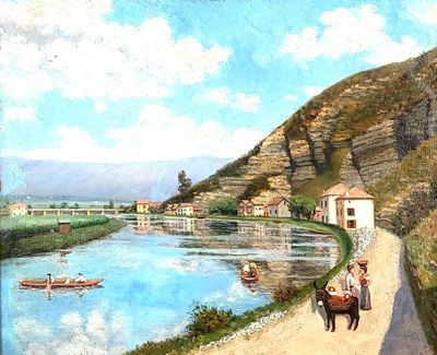 a painting of people riding horses on a path next to a river