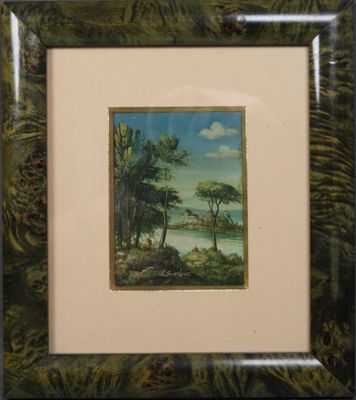 tableau encadré représentant un paysage avec des arbres et une rivière