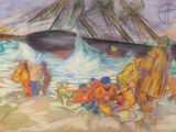 a painting of a ship in the water with people on it