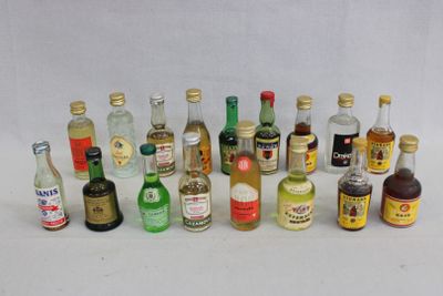 de nombreuses bouteilles d'alcool alignées sur une surface blanche