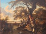 tableau représentant une scène fluviale avec des canards et d'autres animaux dans un cadre boisé