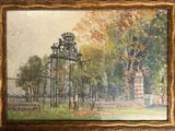 painting of a painting of a gate in a park with trees in the background