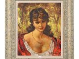 an oil painting of a woman in a red dress