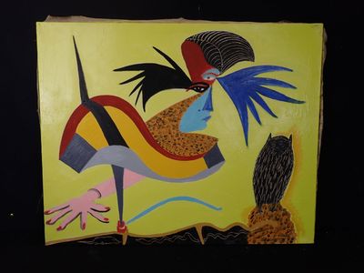tableau aux couleurs vives représentant une femme et un oiseau sur fond jaune