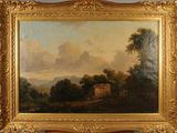 une peinture à l'huile d'un paysage avec une maison au loin