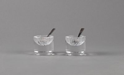 une paire de salières et poivrières en verre transparent contenant chacune une cuillère