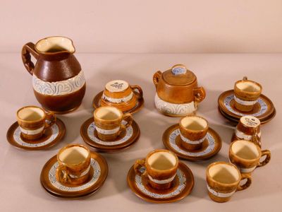 many cups and saucers that are sitting on a table
