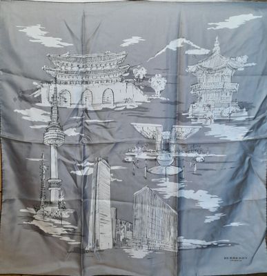 an image of a silk scarf with a drawing of a pagoda