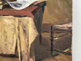 a painting of a woman sitting at a table reading a book