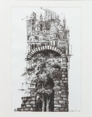 une image représentant un dessin d'un château avec un arbre devant