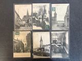 several old black and white photographs of people sitting in front of a church