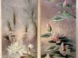 two paintings of water lilies and a bird in a pond