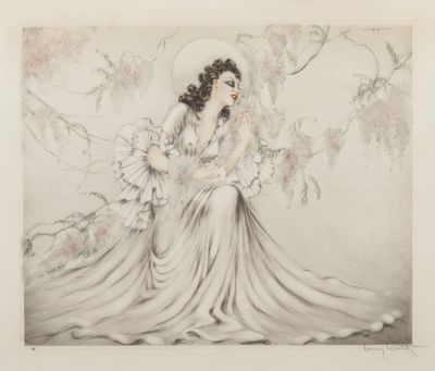dessin représentant une femme en robe blanche tenant un éventail