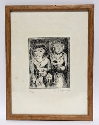 a black and white drawing of two women in a wood frame