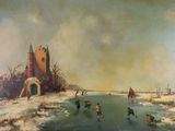 un tableau représentant des personnes faisant du patin à glace sur un lac gelé