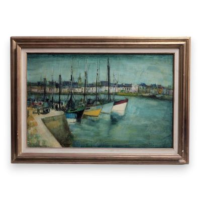 painting of boats docked in a harbor with buildings in the background