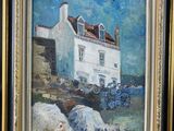 a painting of a white house with a red roof