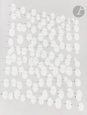 an image of a white and gray poster with circles