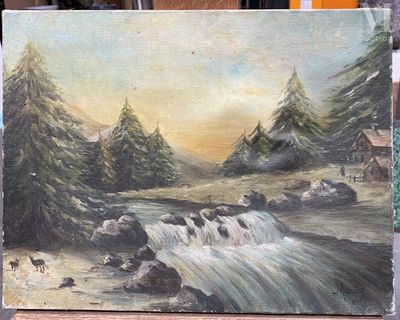 un tableau représentant un ruisseau de montagne traversant une forêt