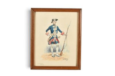 tableau représentant un homme en uniforme tenant un fusil et un fusil