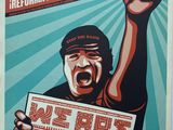 a poster of a man holding a sign in his hand