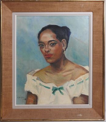 painting of a woman in a white dress with a green bow around her neck