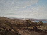 une image représentant une peinture d'un paysage avec un lac et des collines