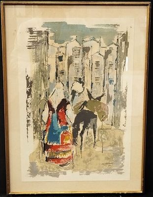 painting of a woman and a horse in a city with buildings