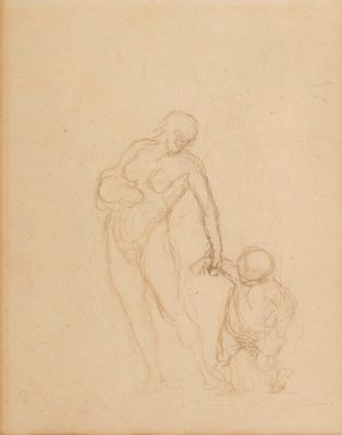 un vieux dessin représentant une femme tenant la main d'un enfant