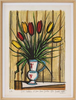 tableau représentant un vase rempli de fleurs posé sur une table