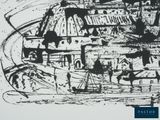 an image of a black and white drawing of a boat on a body of water