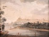 tableau représentant une vue d'une ville avec une rivière et un château au loin