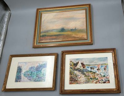 28 / CHC5 / Trois aquarelles "Paysage", ht de la plus g…