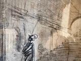 drawing of a man with a cane in a building