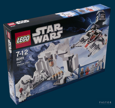 une boîte contenant des sets Lego Star Wars sur fond bleu