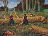 painting of a group of people working in a field with a fallen tree
