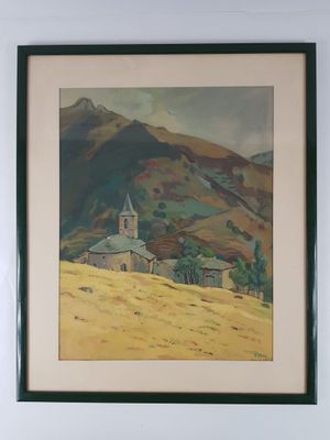 painting of a church on a hill with a mountain in the background